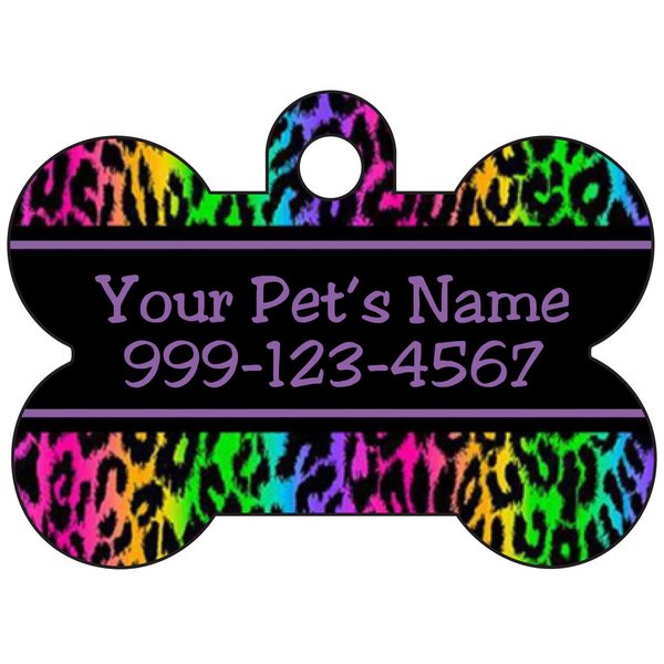 uDesignUSA Animal Print Dog Tag Pet Id Tag Personalized w/Name & Number Leopard Print Dog Bone (Rainbow Purple)