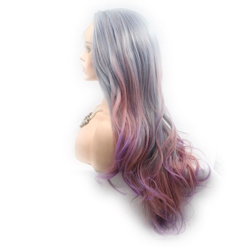 Xiweiya Multi-color Lace Front Wig Side Part Ombre Grey to Purple Rainbow Synthetic Lace Front Wig Long Body Wave Wig Heat Resistant Fiber 13*4 Lace Front Wig High Density For Party Drag Queen 24inch for Women
