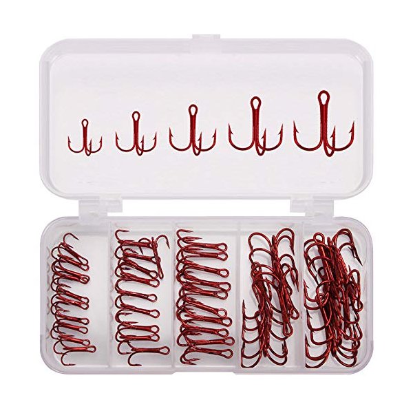 50pcs/Box Red Treble Hooks, High Carbon Steel Fishing Hooks Kit, Sharp & Round Bend Fishing Treble Hooks for Catfish Lures Baits Bass Size #2#4#6#8#10 Fishing Accessories and Equipment