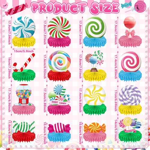 Pasimy 16 Pcs Candyland Party Decorations Colorful Candyland Lollipop Table Honeycomb Centerpieces Sweet Candy Table Decorations for Candy Theme Birthday Baby Shower Sweet Shop Party Supplies