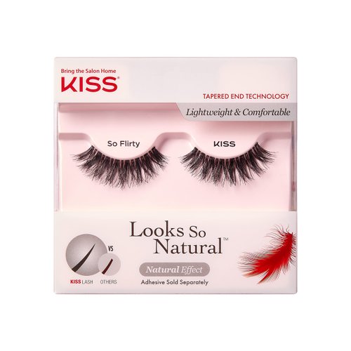 KISS Looks So Natural False Eyelashes, Lightweight & Comfortable, Natural-Looking, Tapered End Technology, Reusable, Cruelty-Free, Contact Lens Friendly, Style 'Flirty', 1 Pair Fake Eyelashes Black