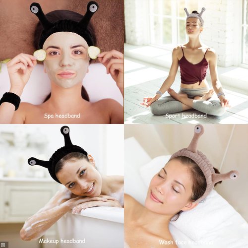 SuPoo 9 Pcs Skincare Headbands Snail Spa Headband and Wristband Set Alien Headband Brown Face Wash Wristbands Cute Makeup Headband Hair Band for Washing Face Wrap Head Towel Wrist Towels for Shower