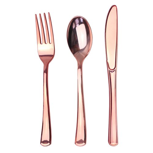 JL Prime 75 Piece Rose Gold Plastic Silverware Set, Re-Usable Recyclable Plastic Cutlery, 25 Forks, 25 Spoons, 25 Knives, Great for Wedding, Anniversary, Rehearsal, Shower Events
