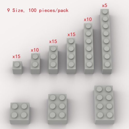 100 Piece Light Gray Bricks Bulk Assortment Pack, 9 Size Light Grey Classic Building Blocks Bricks, Compatible with Lego Parts and Pieces(Color: Light Gray)