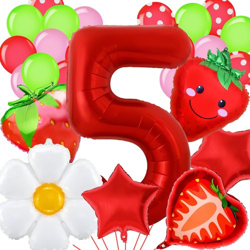Berry Birthday Decor Party Supplies, Strawberry Birthday Decorations, Strawberry Party Decorations, Strawberry Balloons, Daisy Balloon, Star Balloons, 40 Inch Number 5 Balloon for 5th Birthday