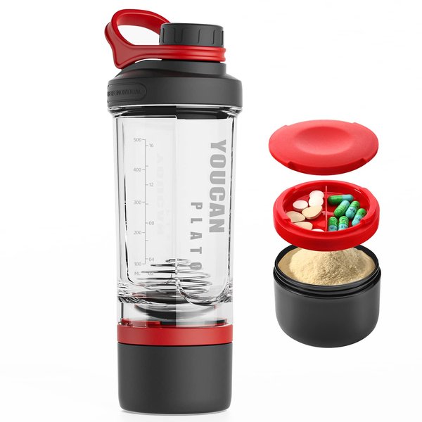 21oz Protein Shaker Bottle with Powder Storage Container-Shaker Cups for Protein Shakes-pre workout bottle-Mixer Cup-Gym Sport Water Bottle -Made with Tritan BPA Free,with Wire Whisk Balls,Red