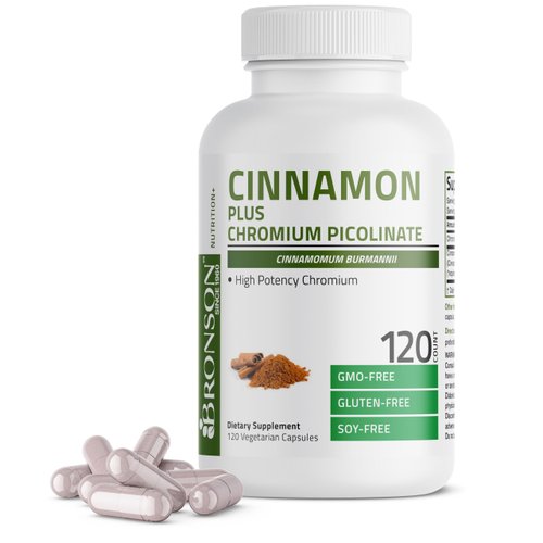 Bronson Cinnamon Plus Chromium Picolinate Supplement, High Potency Chromium, Non-GMO, 120 Vegetarian Capsules