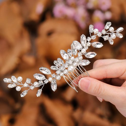Brishow Rhinestone Bride Wedding Hair Comb Silver Crystal Hair Piece Pearl Bridal Hair Accessories for Women and Girls