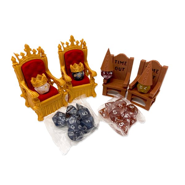 MunnyGrubbers - Dice Jail Cage - Time Out Chair & Dunce Hat - Chair of Shame - Crit Crown & Lucky Throne - (2x Random 7PC D20 Dice Set Included) - Gift for Dungeons and Dragons - DND - D&D - (Combo C)