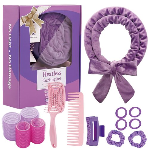 Heatless Curls Headband, Hair Rollers for Heatless Curls, 70" Velvet Heatless Curlers for Women Girls Overnight Curls, No Heat Hair Curlers to Sleep In - Purple