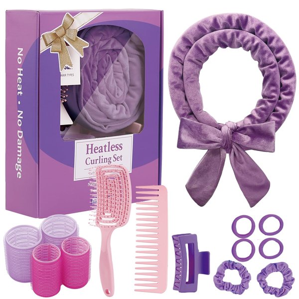 Heatless Curls Headband, Hair Rollers for Heatless Curls, 70" Velvet Heatless Curlers for Women Girls Overnight Curls, No Heat Hair Curlers to Sleep In - Purple