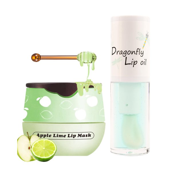 2Pcs Apple Lime Lip Bee Balm Honey Pot Lip Mask & Lip Glowy Oil Lip Gloss Care Set, Propolis Moisturizing & Nourish Lip Gloss Repair, Plump Dry Cracked Lip Scrub Exfoliator bálsamo para labios -Set D