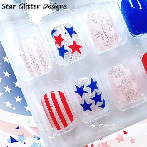 Independence Day Press on Nails Short Square- 4th of July Fake Nails with Red White Blue Five-Pointed Star Glitter Design Press on Nails for Women Acrylic Manicure Art False Nails Glue on Nails Kit 24