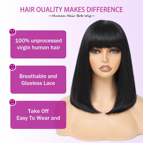 LILENAON Bob Wig Human Hair 12inch Human Hair Wigs with Bangs 3x1 Bob Lace Front Wigs Human Hair bob wig human hair glueless Wigs for Black Women Natural Black