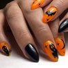 Halloween Fake Nails Short Almond Press on Nails Orange and Black Acrylic Nails Press on Glossy False Nails with Ghost Bat Designs Full Cover Artificial Nails Reusable Glue on Nails for Women 24Pcs