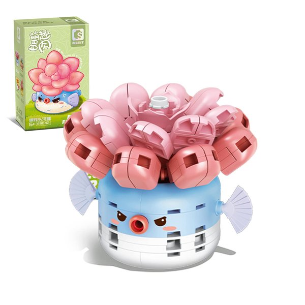 MEIEST Mini Succulent Bonsai Building Blocks Set,Creative Simulation Pot Plant Artificial Particle Flower Botanical Collection Construction Building Bricks Toy,Cute Home Decor (Puffer Fish)