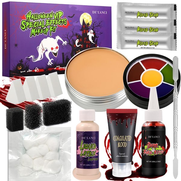 DE'LANCI Halloween SFX Makeup Kit, 17 Pcs Pro Special Effects Stage Makeup for Vampire Zombie Makeup, Easy to Use Demonic FX Set for Beginners with Scar Wax,Liquid Latex,Fake Blood,Bruise Wheel,Cotton