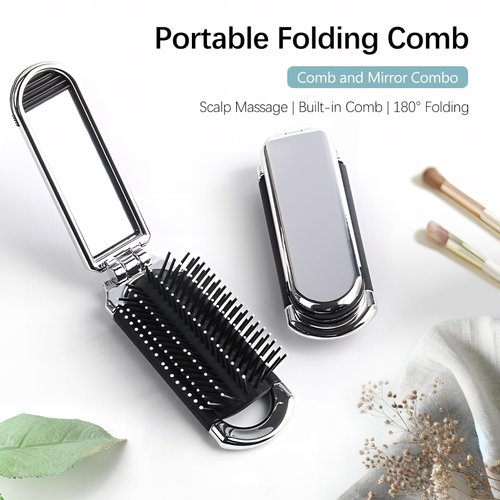 Travel Hair Brush with Mirror Folding Hair Brush Collapsible Pocket Size Brush Mini Hair Brush Massage Comb Compact Hair Brush Hair Styling Tools for Gym,Trip,Purse,Swimming (Removable Mirror)