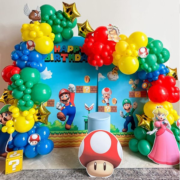 MOMO RUCCI 144Pcs Red Blue Yellow Green Balloon Arch Garland Kit,with Star Foil Balloon Double Stuffed Red Blue Balloons for Super Bro Carnival Themed Birthday Party Decorations Video Game Baby Shower