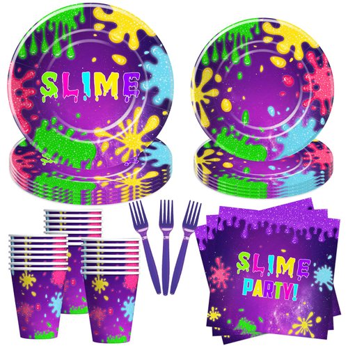 Suhelkit Slime Birthday Plates And Napkins Party Supplies - Slime Party Decorations Tableware, Paper Plate, Cup, Napkin, Fork, Purple Glitter Slime Splatter Splash Theme Table Decorations | Serve 24