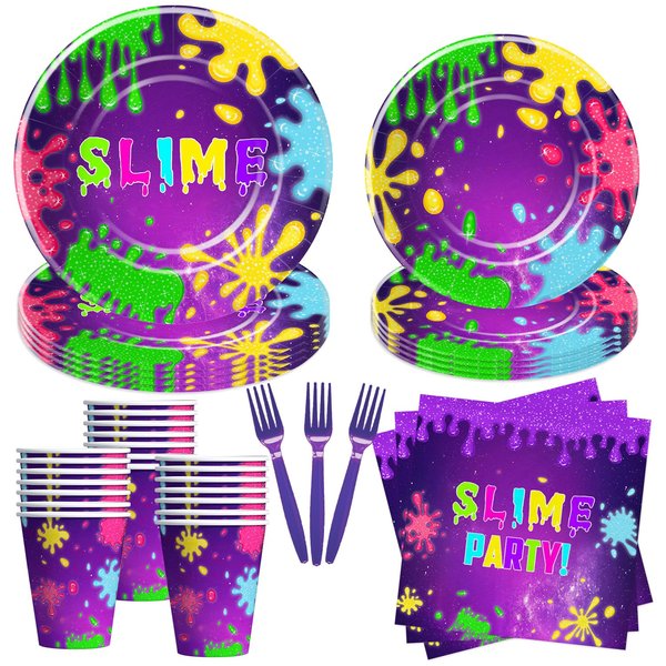 Suhelkit Slime Birthday Plates And Napkins Party Supplies - Slime Party Decorations Tableware, Paper Plate, Cup, Napkin, Fork, Purple Glitter Slime Splatter Splash Theme Table Decorations | Serve 24