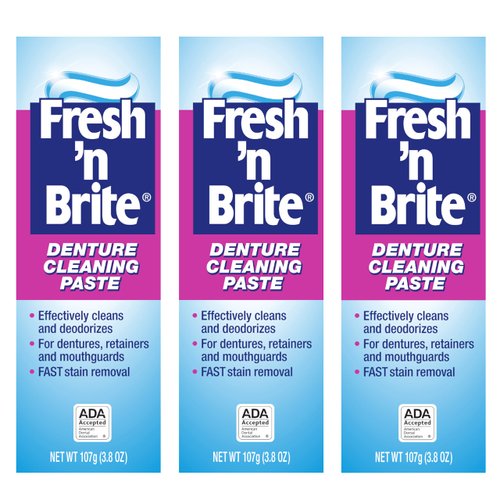 Fresh 'n Brite Denture Cleaning Paste For Dentures, Removable Partial Dentures, Retainers, Mouthguards, Nightguards, Fast Stain Removal, pack of 3, 3.8 oz Tubes