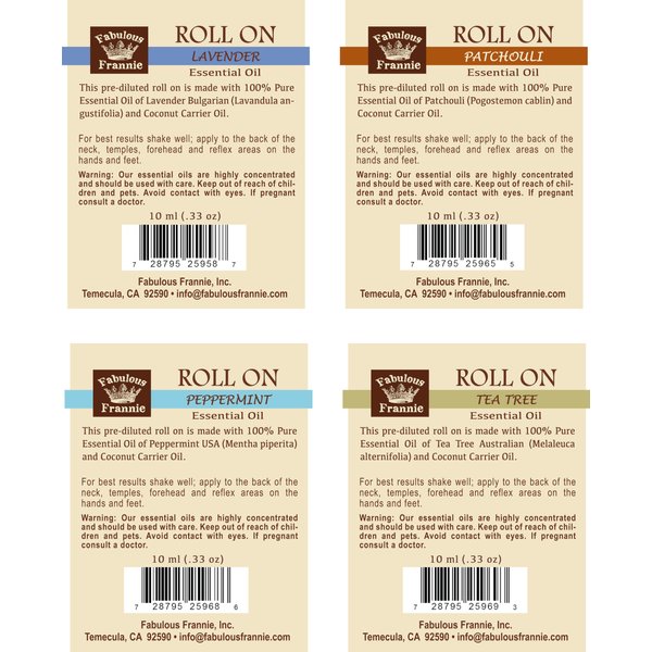 Pre-Diluted Essential Oil Roll-On Value Set Made with Pure Essential Oils and Coconut Oil (Lavender, Patchouli, Peppermint and Tea Tree) by Fabulous Frannie