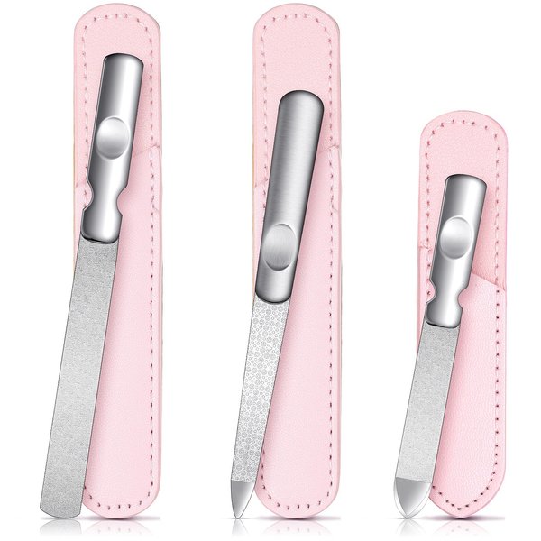 3 Pieces Stainless Steel Nail Files with Leather Case, Double Sided Metal Nail Files with Anti-Slip Handle, Metal Nail File Buffer Manicure Pedicure Tools for Fingernail Toenail (Pink)