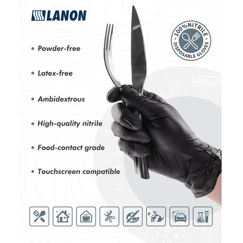 LANON Food Safe Disposable Nitrile Gloves, Latex-Free, Powder-Free, Silicone-Free, Textured Fingertips, Cooking, Black，X-Large