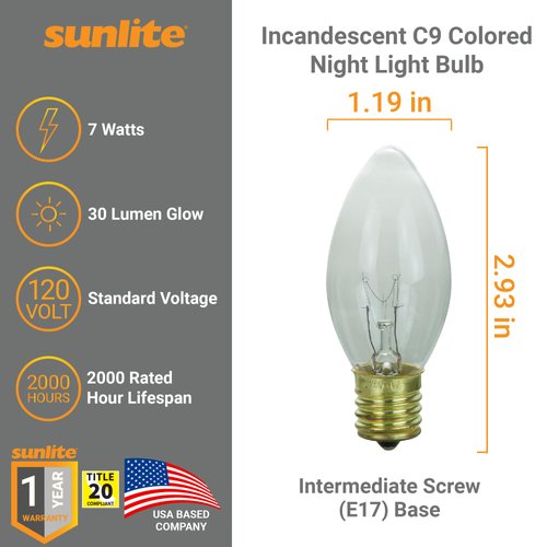 Sunlite Incandescent C9 Colored Night Light Bulb, 7 watts, 120 Volts, Intermediate E17 Screw Base, 2000 Rated Hours, Christmas-Lights Nightlight, Clear, 25 Pack