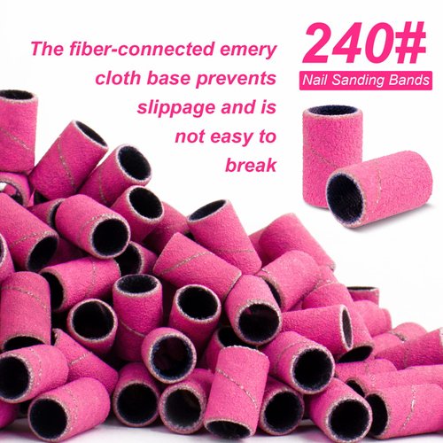 Rolybag Sanding Bands for Nail Drill,Drill Sanding Band 240# Pink with Storage Box,Include 100 Superfine Grinding Wheel Sand Bands and 2 Pieces Mandrel for Most Size 3/32" Nail Drill Machine