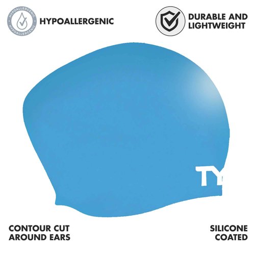 TYR Long Hair Wrinkle-Free Silicone Swim Cap, Blue