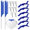 Coldairsoap 17 Pieces Hair Parting Tools Set, Included 8P Hair Parting Ring 2P Metal Rat Tail Comb 6P Hair Sectioning Clip with 1P Magnetic Wrist Sewing Pin Holder for Braiding (Blue)