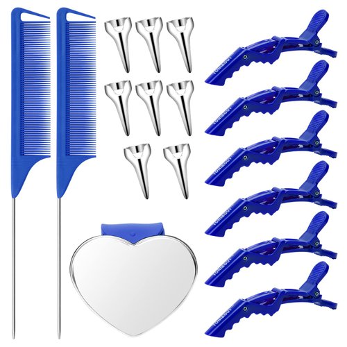 Coldairsoap 17 Pieces Hair Parting Tools Set, Included 8P Hair Parting Ring 2P Metal Rat Tail Comb 6P Hair Sectioning Clip with 1P Magnetic Wrist Sewing Pin Holder for Braiding (Blue)