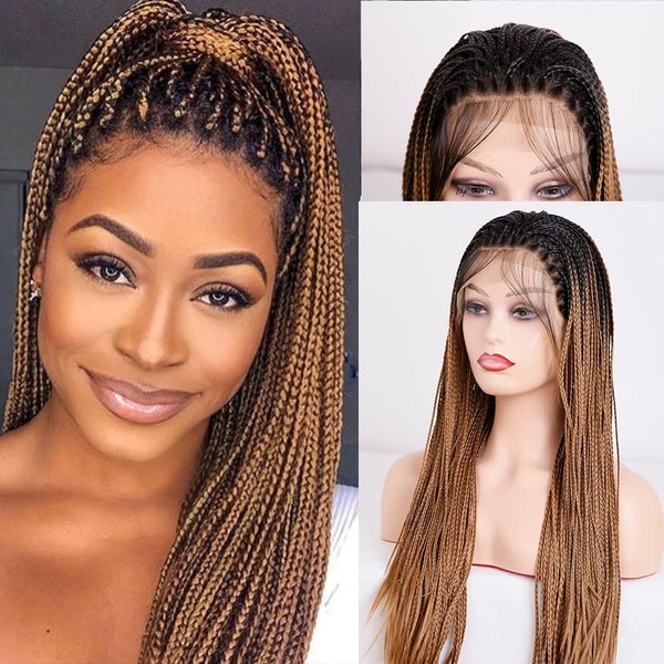 SIMBEAUTY Ombre Brown Box Braided Wig for Black Women Micro Braids Synthetic Lace Front Wig Pre Plucked with Baby Hair 180% Density