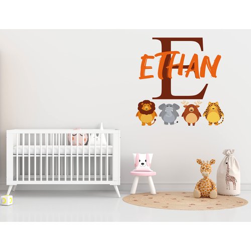 Custom Name Wall Decal Jungle Animals - Boys & Girls Custom Name Safari Theme Wall Art Decor - Animal Name Stickers - Baby Wall Decal for Nursery Bedroom Decoration (Wide 20"x21" Height)