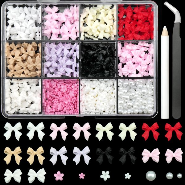 Colorful 3D Bow Nail Charms Kit Pink Color Bowknot Tiny Flower Nail Charms White Nail Pearls Gold Nail Stud Rhinestones Crystal for Manicure DIY Crafts Jewel