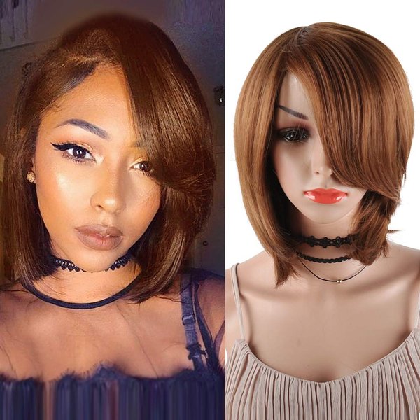 SCENTW Straight Pixie Cut Bob Wigs with Bangs for Women Brown Color Hair Replacement Wigs，Synthetic Natural Looking Heat Resistant Fiber Hair for Black Women's Costume Wigs（8764 Brown）