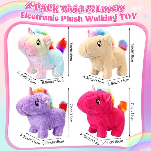 Halloscume 4 Pcs Interactive Electronic Plush Unicorn Stuffed Animal Walking Barking and Wagging Tail Toys for Christmas Classroom Kids Birthday Gifts 7"
