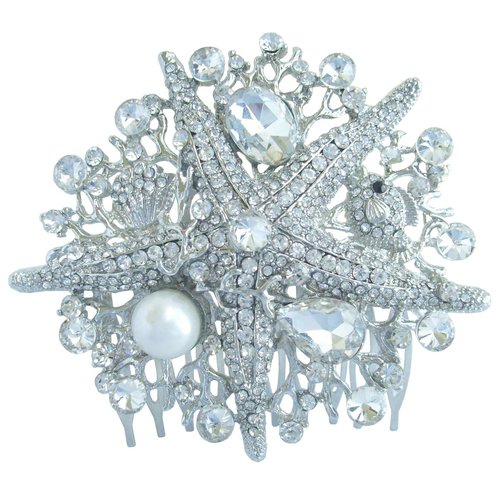 Sindary Wedding Headpiece 3.15" Pearl Rhinestone Crystal Bridal Starfish Hair Comb HZ6412 (Silver-Tone Clear)