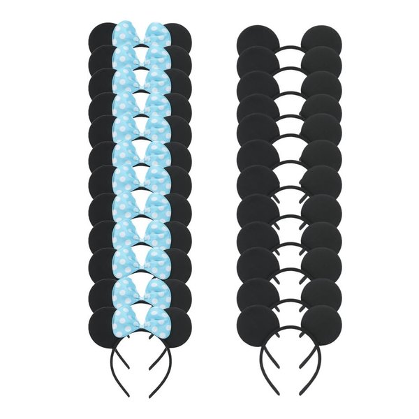 winvin Set of 24 Mouse Costume Deluxe Fabric Ears Headband White Polka Dots Bow Boys Girls Birthday Party Hairs Accessories Baby Shower Headwear Halloween Party Favors Decorations (Blue)
