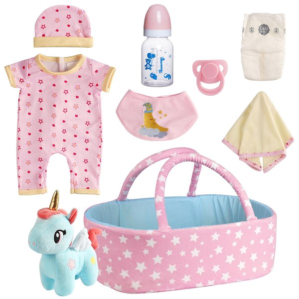 BABESIDE 9 Pcs Reborn Baby Doll Clothes with Bassinet for 17-22 Inch Baby Dolls, Baby Doll Clothes Outfit Accessories fit Newborn Baby Doll Girl