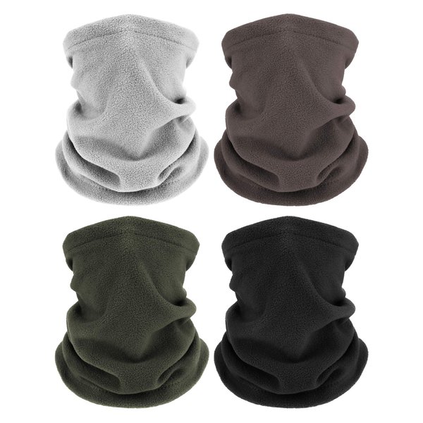 4 Pieces Winter Neck Warmers Fleece Gaiter Windproof Face Covering (Coffee, Black, Light Grey, Army Green,Medium)