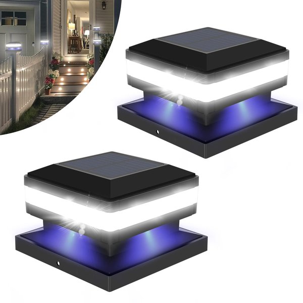 Sumaote Solar Post Lights 160LM 52 LED - 6x6 Post Solar Lights Outdoor Fence Deck Post Cap Lights fit 4x4 5x5 6x6 Wood Posts, IP65 Waterproof for Garden Porch Patio, 6000K White Lighting, 2 Pack