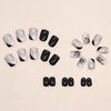 Press on Nails Short Square Fake Nails Black White French Tip Acrylic Nails with Black Leaves and Polka Dots Designs Glitter Full Cover Glossy Black False Nails Stick on Nails for Women 24Pcs