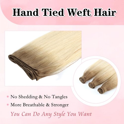 ABH AMAZINGBEAUTY HAIR Sew in Rooted Hand Tied Weft Hair Extensions, Weft Hair Extensions Human Hair Weave in Extensions for Women, Platinum Blonde With Ash Brown Base Color R8-60, 50 Gram, 20 Inch