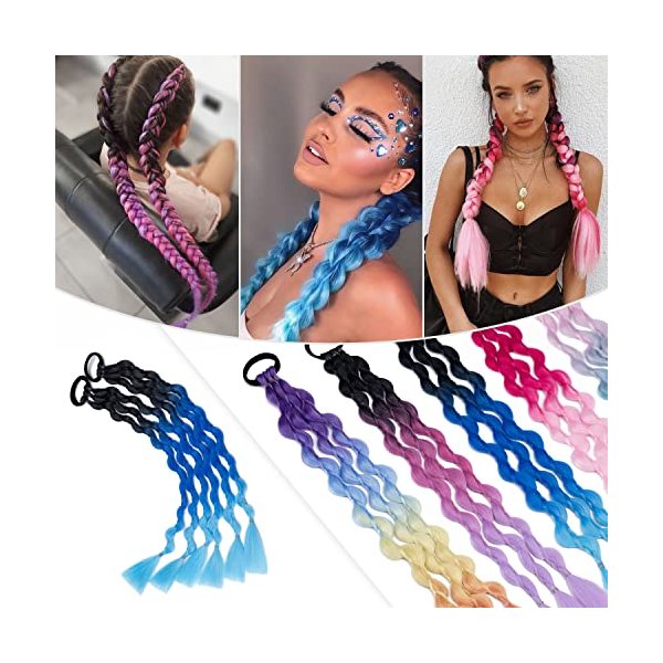 Hairro Colored Braids Hair Extensions with Rubber Bands Rainbow Braided Synthetic Hairpieces Ponytail Hair Accessories for Women Kids Girls Party Highlight 20 Inch 2pcs/Pack