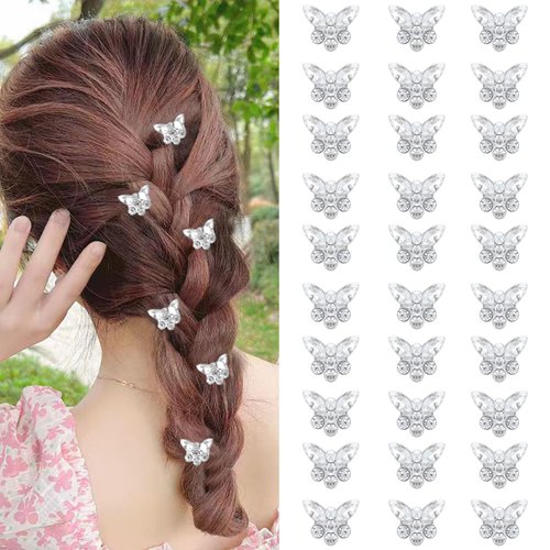 𝑪𝑼𝑩𝑨𝑪𝑶 30PCS Mini Butterfly Hair Clips for Girls Rhinestone Hair Clips Cute Decorative Butterfly Clips for Hair School Party Hair Accessories for Girls Women(White)