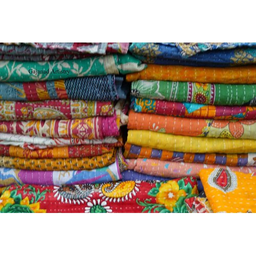 Gajanad Artistry One Piece Vintage Kantha Quilts Reversible Bohemian Home Decor Handmade Indian Blanket Twin Size 85X55 Inches Assorted Multicolor