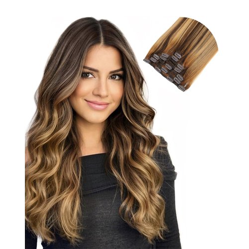 Missme Clip In Hair Extensions Real Human Hair,16in 120g 7pcs 16 Clips On Hair Extensions 100% Real Human Balayage Chocolate Brown To Caramel Blonde Hair For Women